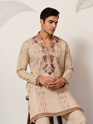 BEIGE VISCOSE SILK THREAD & SEQUINS EMBROIDERED WORK WEDDING FESTIVAL MARRIAGE PARTY WEAR STRAIGHT MENS KURTA WITH PANT 3
