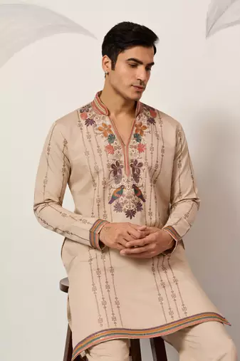 BEIGE VISCOSE SILK THREAD & SEQUINS EMBROIDERED WORK WEDDING FESTIVAL MARRIAGE PARTY WEAR STRAIGHT MENS KURTA WITH PANT