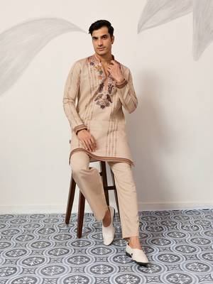 BEIGE VISCOSE SILK THREAD & SEQUINS EMBROIDERED WORK WEDDING FESTIVAL MARRIAGE PARTY WEAR STRAIGHT MENS KURTA WITH PANT 4