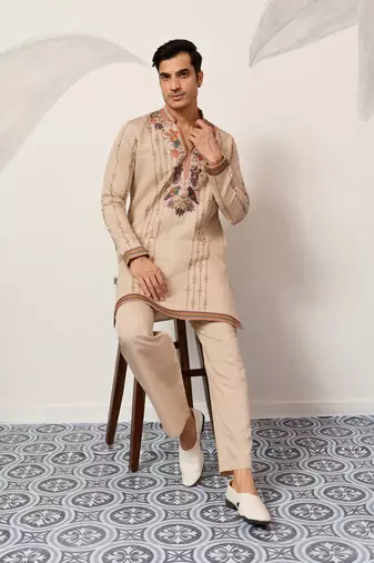 BEIGE VISCOSE SILK THREAD & SEQUINS EMBROIDERED WORK WEDDING FESTIVAL MARRIAGE PARTY WEAR STRAIGHT MENS KURTA WITH PANT