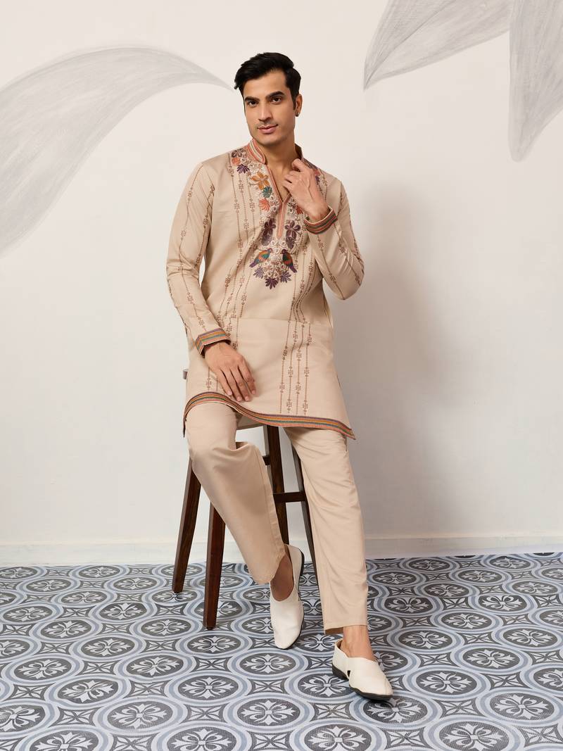 BEIGE VISCOSE SILK THREAD & SEQUINS EMBROIDERED WORK WEDDING FESTIVAL MARRIAGE PARTY WEAR STRAIGHT MENS KURTA WITH PANT