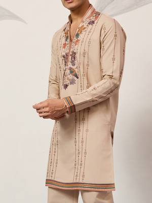 BEIGE VISCOSE SILK THREAD & SEQUINS EMBROIDERED WORK WEDDING FESTIVAL MARRIAGE PARTY WEAR STRAIGHT MENS KURTA WITH PANT 5