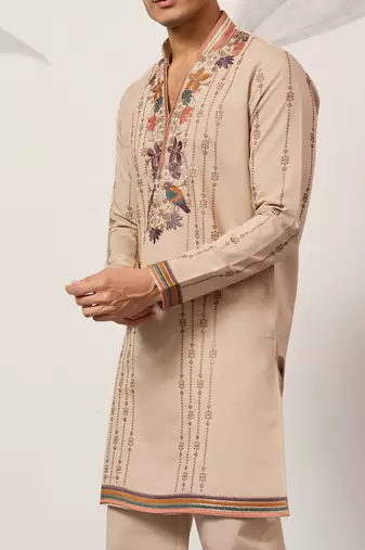 BEIGE VISCOSE SILK THREAD & SEQUINS EMBROIDERED WORK WEDDING FESTIVAL MARRIAGE PARTY WEAR STRAIGHT MENS KURTA WITH PANT