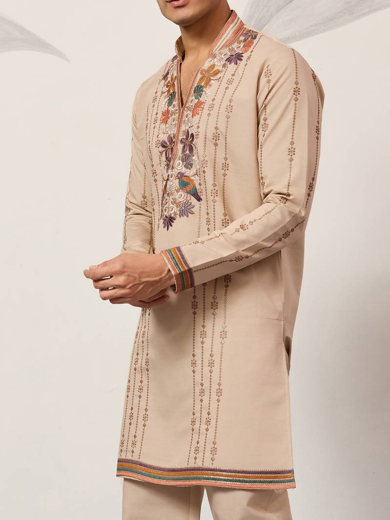 BEIGE VISCOSE SILK THREAD & SEQUINS EMBROIDERED WORK WEDDING FESTIVAL MARRIAGE PARTY WEAR STRAIGHT MENS KURTA WITH PANT