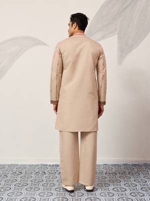 BEIGE VISCOSE SILK THREAD & SEQUINS EMBROIDERED WORK WEDDING FESTIVAL MARRIAGE PARTY WEAR STRAIGHT MENS KURTA WITH PANT 6