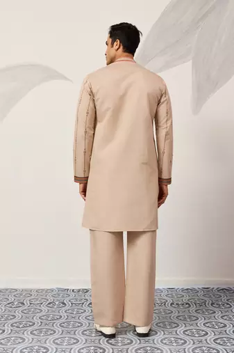 BEIGE VISCOSE SILK THREAD & SEQUINS EMBROIDERED WORK WEDDING FESTIVAL MARRIAGE PARTY WEAR STRAIGHT MENS KURTA WITH PANT