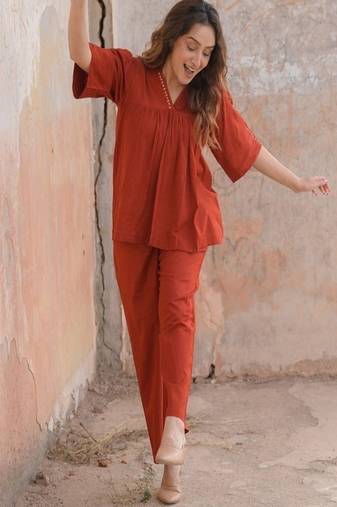 orange floral printed cotton co-ord set