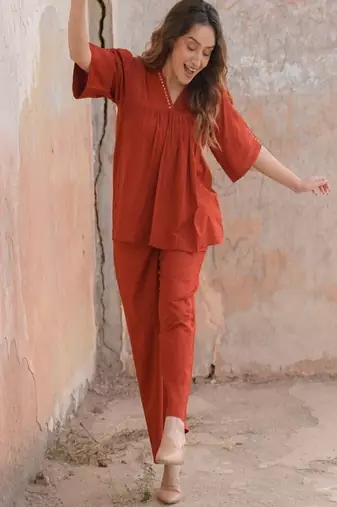 floral printed orange cotton co-ord set