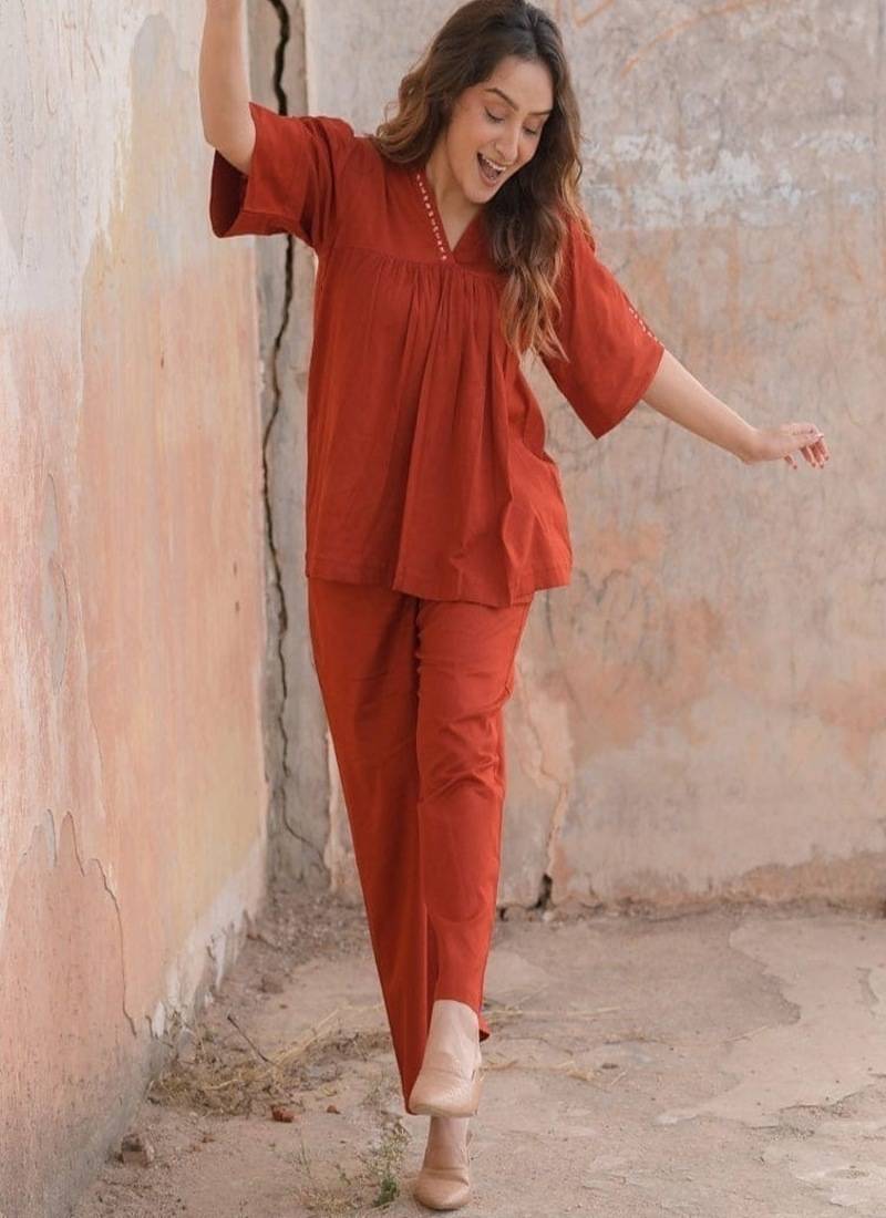 floral printed orange cotton co-ord set