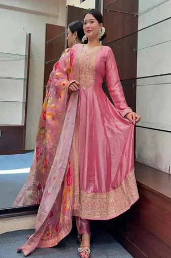 floral embroidered pink silk kurta trouser and dupatta set