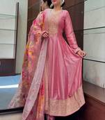 pink floral embroidered silk kurta trouser and dupatta set