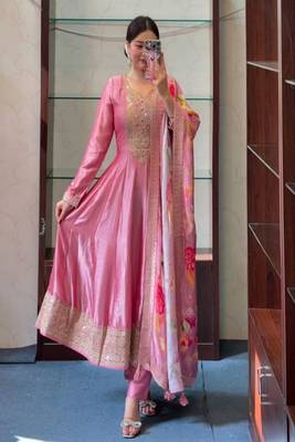 pink floral embroidered silk blend kurta trouser and dupatta set 2