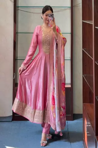 pink floral embroidered silk blend kurta trouser and dupatta set