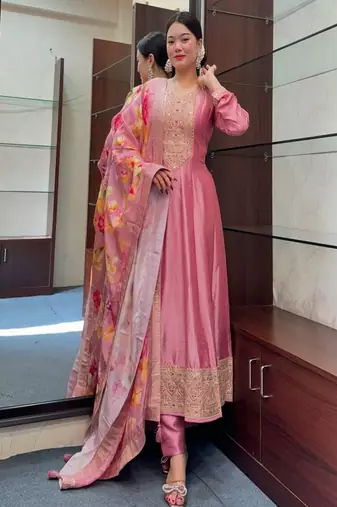 pink floral embroidered silk blend kurta trouser and dupatta set