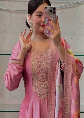 pink floral embroidered silk blend kurta trouser and dupatta set 4