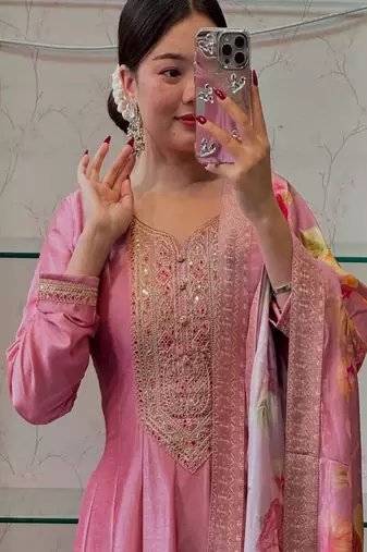 pink floral embroidered silk blend kurta trouser and dupatta set