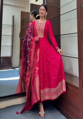 red floral embroidered silk blend kurta trouser and dupatta set 1