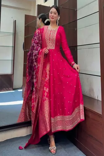 floral embroidered red silk kurta trouser and dupatta set