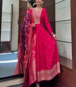 red floral embroidered silk kurta trouser and dupatta set