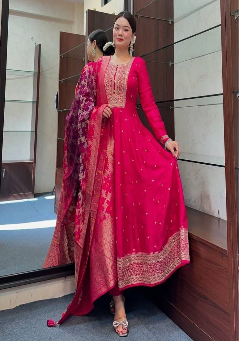 red floral embroidered silk kurta trouser and dupatta set