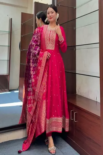 red floral embroidered silk blend kurta trouser and dupatta set
