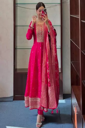 red floral embroidered silk blend kurta trouser and dupatta set
