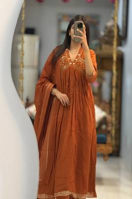 Brown floral embroidered cotton kurta trouser and dupatta set 1