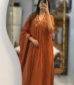 Brown floral embroidered cotton kurta trouser and dupatta set