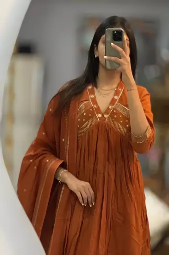 Brown floral embroidered cotton kurta trouser and dupatta set