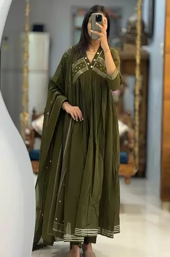 floral embroidered green cotton kurta trouser and dupatta set