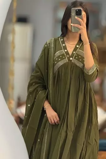 green floral embroidered cotton kurta trouser and dupatta set