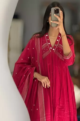 pink floral embroidered cotton kurta trouser and dupatta set