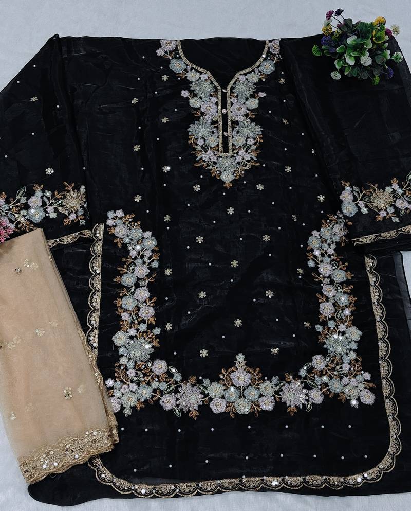 Black embroidered silk pakistani salwar suit