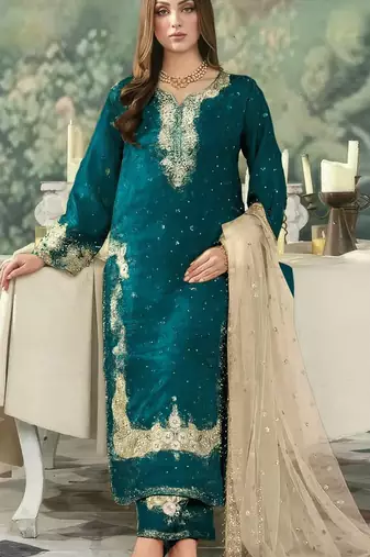 Blue embroidered silk pakistani salwar suit