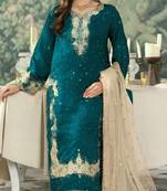 Blue embroidered silk pakistani salwar suit