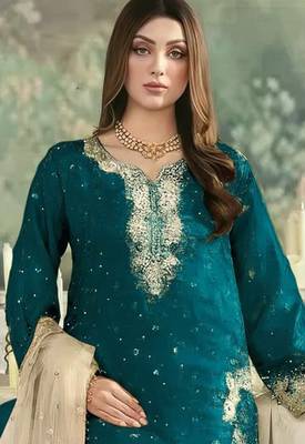 Blue embroidered silk blend salwar suit 2