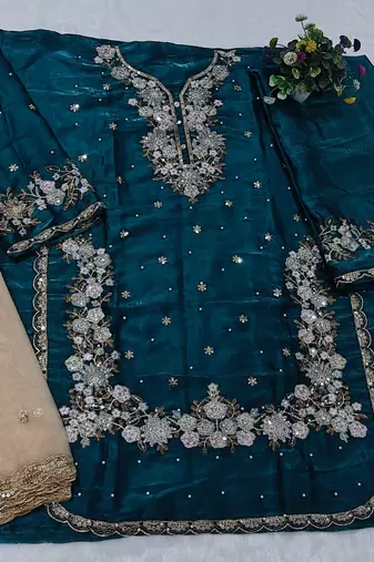 Blue embroidered silk blend salwar suit