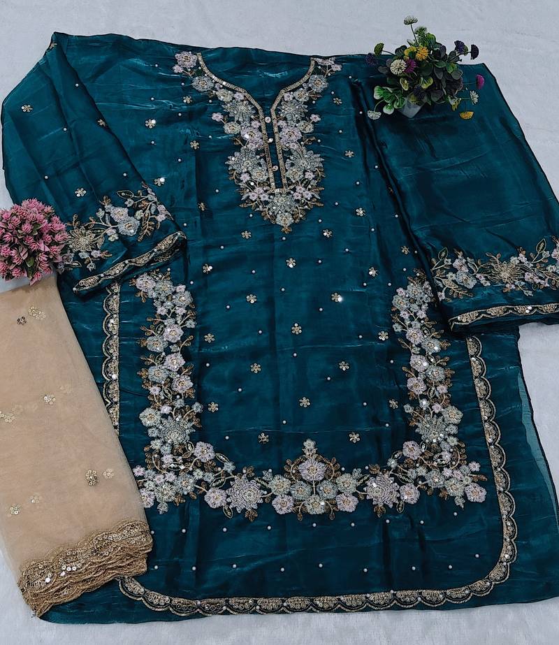 Blue embroidered silk pakistani salwar suit