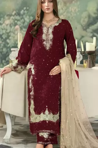 Maroon embroidered silk pakistani salwar suit