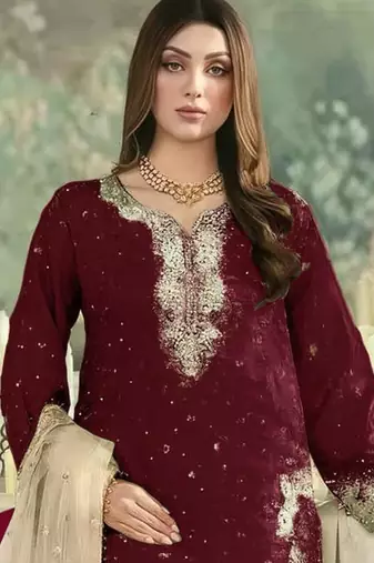 Maroon embroidered silk blend salwar suit