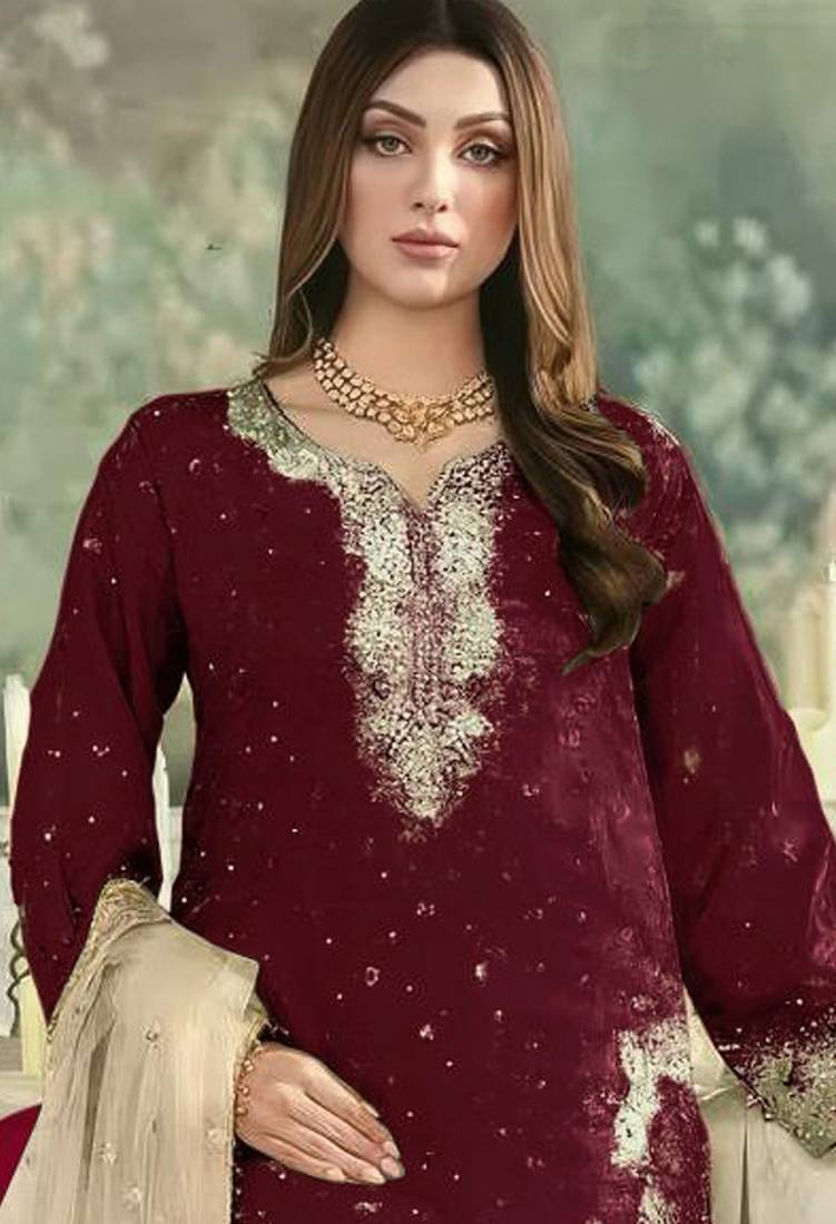 Maroon embroidered silk pakistani salwar suit