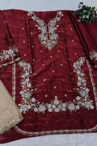 Maroon embroidered silk blend salwar suit