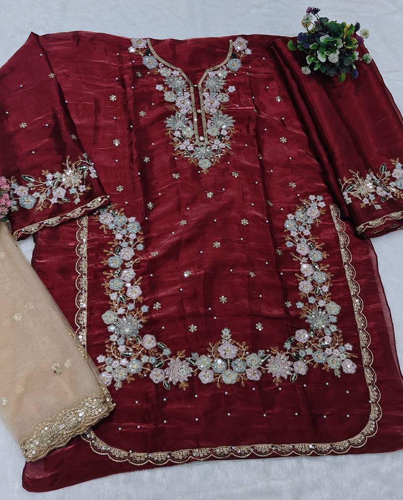 Maroon embroidered silk pakistani salwar suit