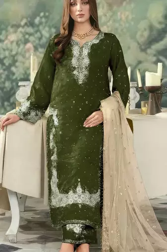 Green embroidered silk pakistani salwar suit