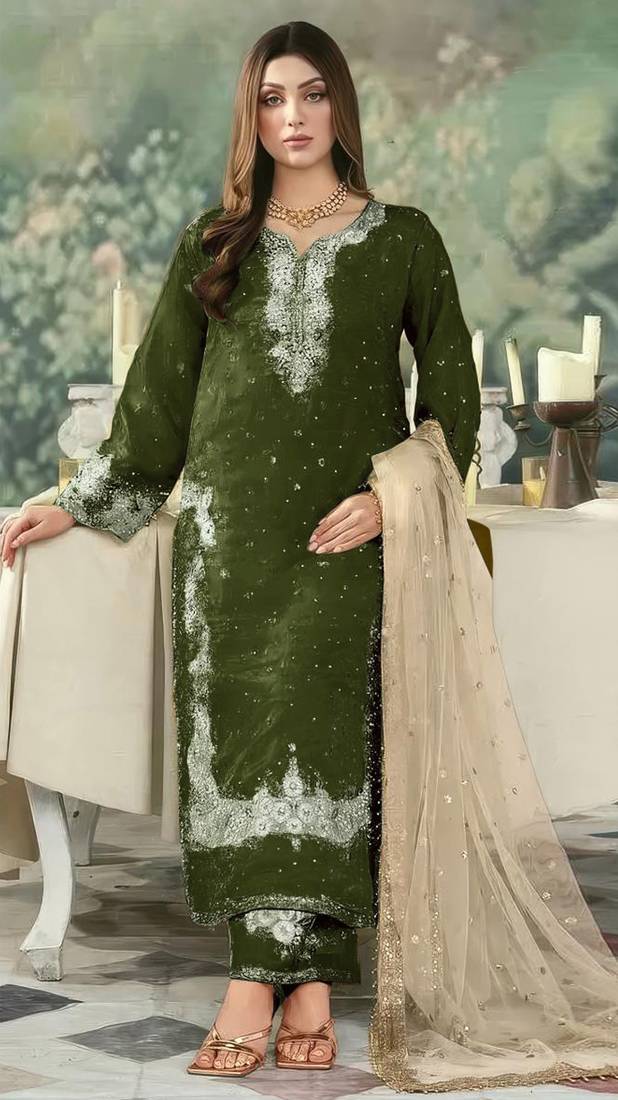 Green embroidered silk pakistani salwar suit