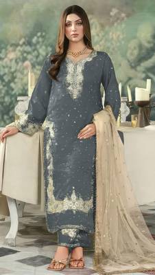 Grey embroidered silk blend salwar suit 1