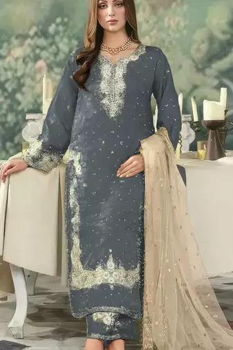 Grey embroidered silk pakistani salwar suit
