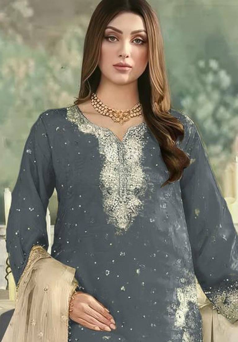 Grey embroidered silk pakistani salwar suit