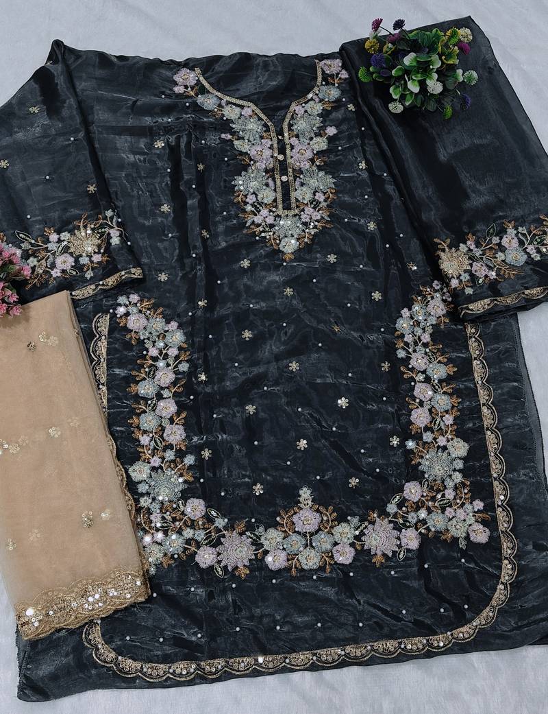 Grey embroidered silk pakistani salwar suit
