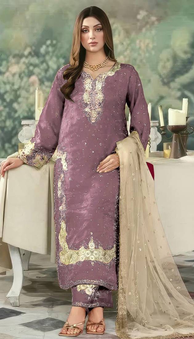 Purple embroidered silk pakistani salwar suit